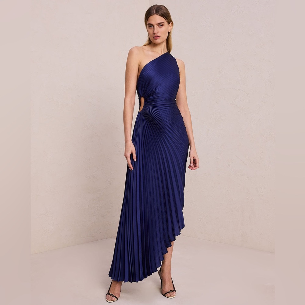 A.L.C. Delfina Satin Pleated Dress - Navy Blue, Size 12